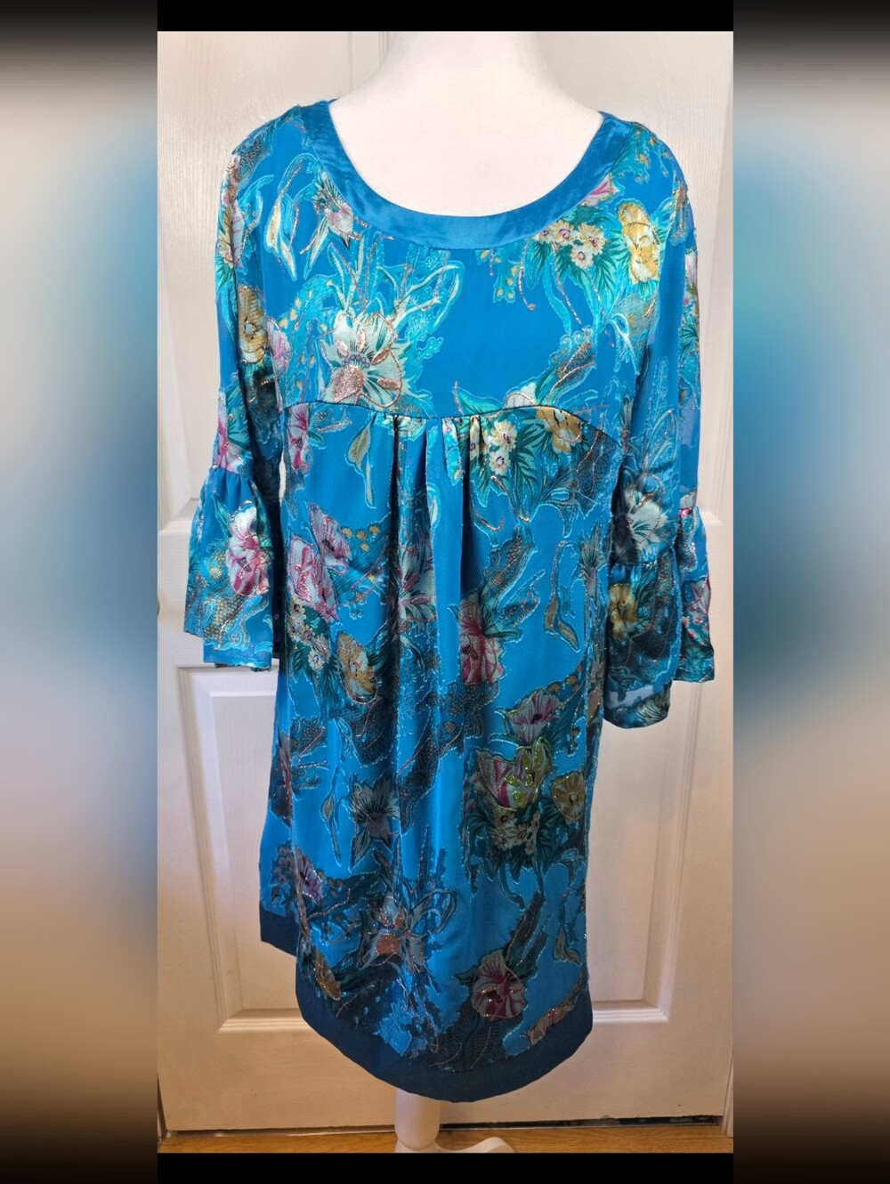 Lipsy Size 14 Blue Floral Bell Sleeve Shift Dress